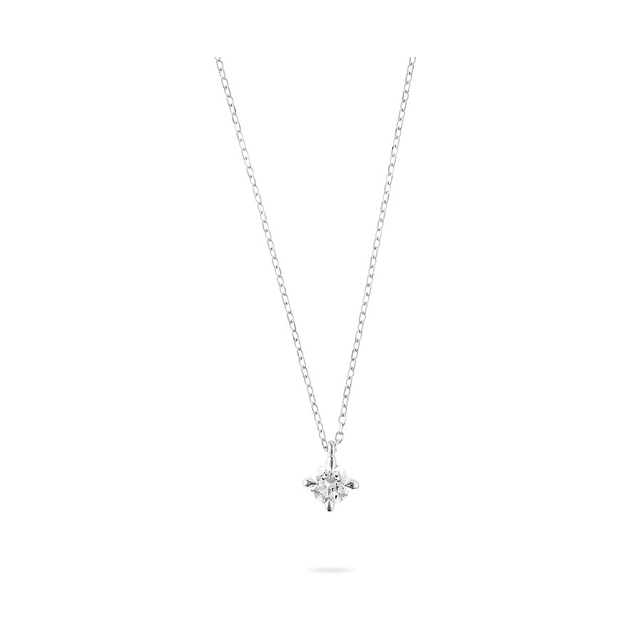 CHRIST Halsschmuck aus 585er Weißgold, detailreiche Ansicht der filigranen Halskette mit einem einzelnen Diamanten.