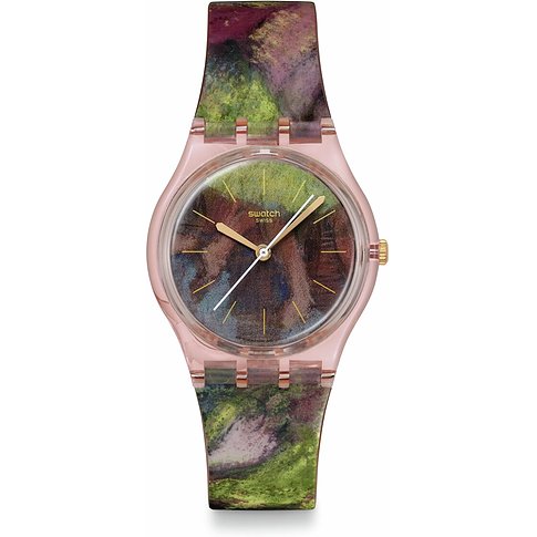 Orologio unisex Swatch: cassa rosa, cinturino multicolore con motivi organici (verde, viola, marrone), quadrante fantasia.