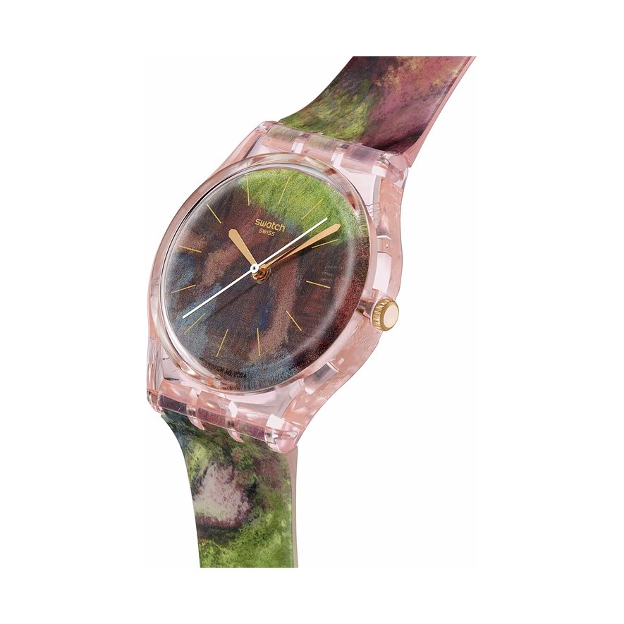 Swatch Unisexuhr aus Kunststoff mit einem farbigen Zifferblatt im Marmor-Look und einem passenden Armband.