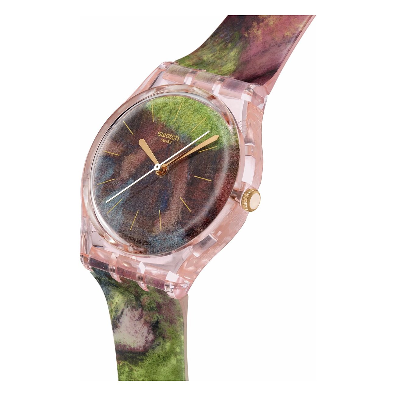 Swatch Unisexuhr aus Kunststoff mit einem farbigen Zifferblatt im Marmor-Look und einem passenden Armband.