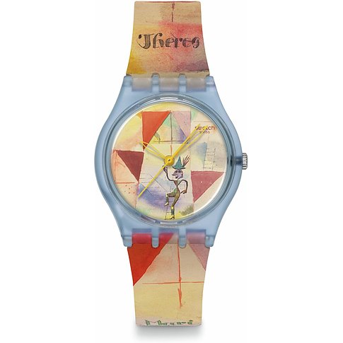Swatch Unisexuhr aus Kunststoff mit abstrakter Illustration auf dem Zifferblatt und den Armbändern