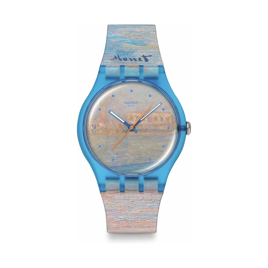 Swatch Unisexuhr aus Kunststoff mit impressionistischem Gemälde auf Zifferblatt und Armband