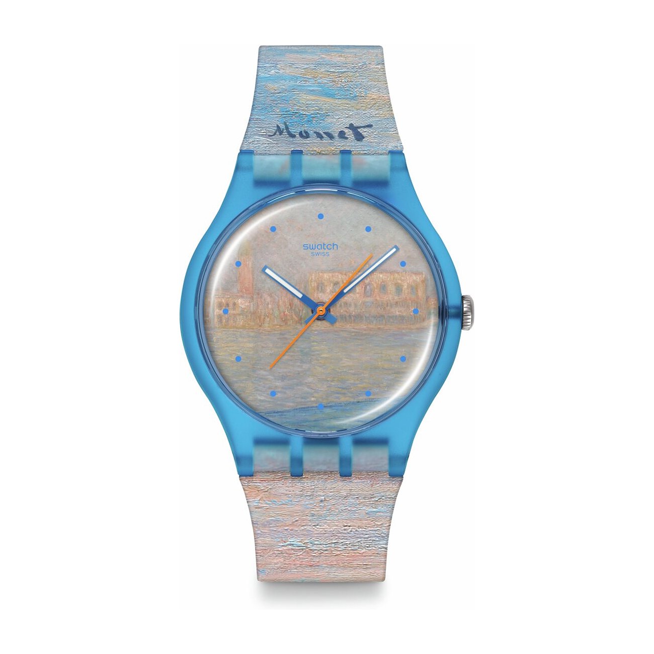 Swatch Unisexuhr aus Kunststoff mit impressionistischem Gemälde auf Zifferblatt und Armband