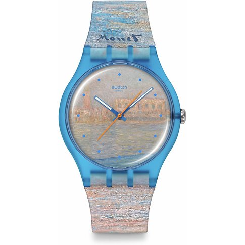 Montre Swatch unisexe en plastique avec peinture impressionniste sur le cadran et le bracelet