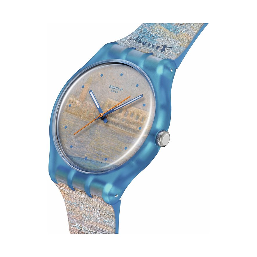 Swatch Unisexuhr aus Kunststoff von oben rechts. Sie zeigt ein 