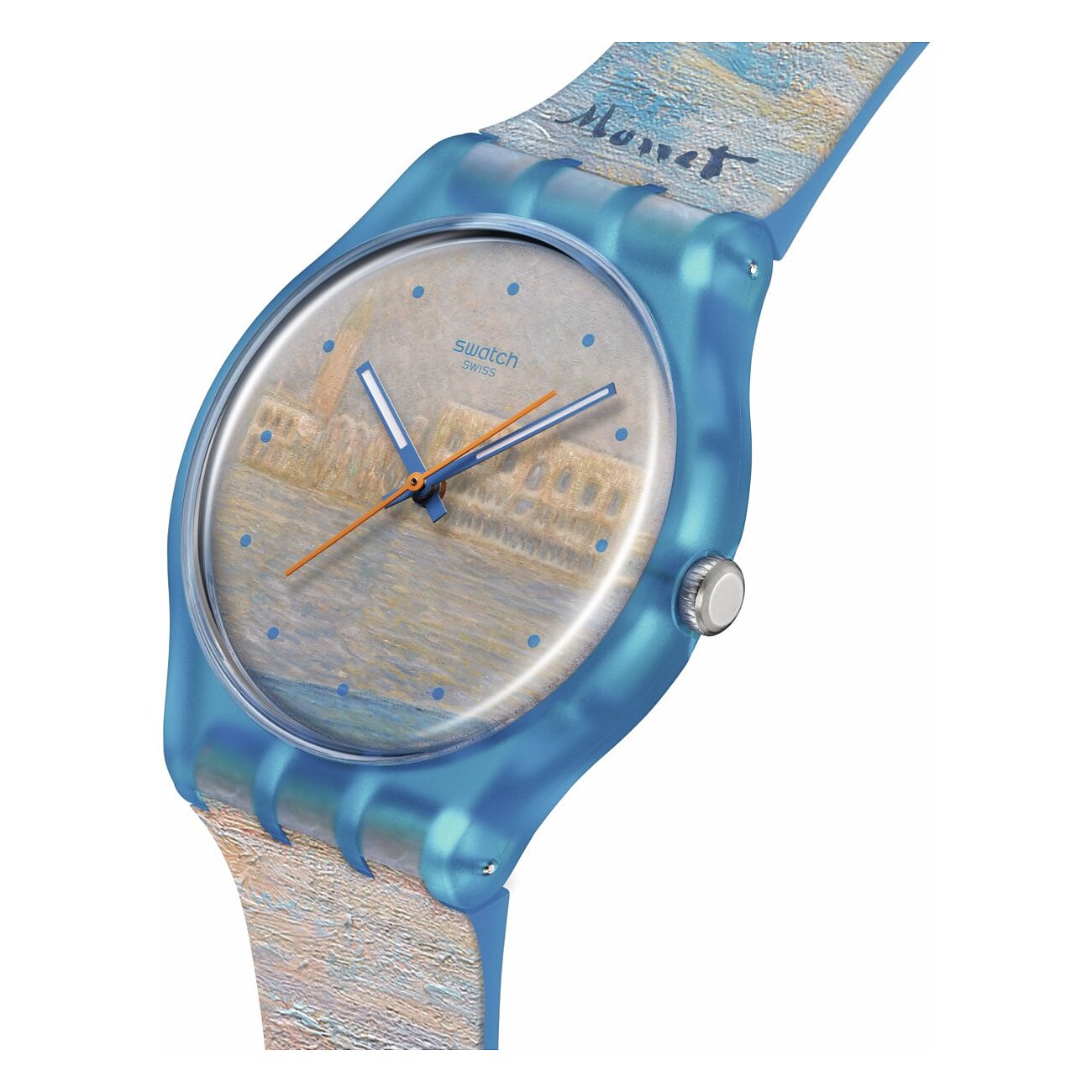 Swatch Unisexuhr aus Kunststoff von oben rechts. Sie zeigt ein 