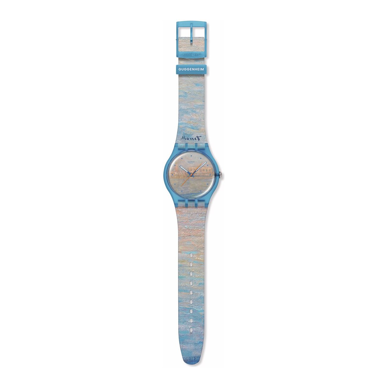 Swatch Unisexuhr aus Kunststoff zeigt ein hellblaues Armband mit Wellenmuster und ein Zifferblatt mit Landschaftsmotiv.