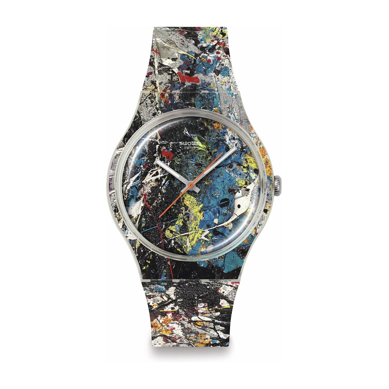 Swatch unisexur i plastik med sort stænkdesign på urskive og rem, set forfra.