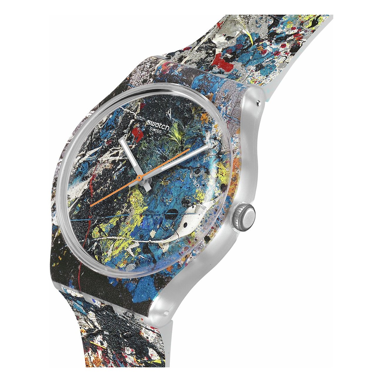 Swatch unisexur i plast med kunstnerisk farvesprøjt-design på urskive og rem, fotograferet skråt fra oven.
