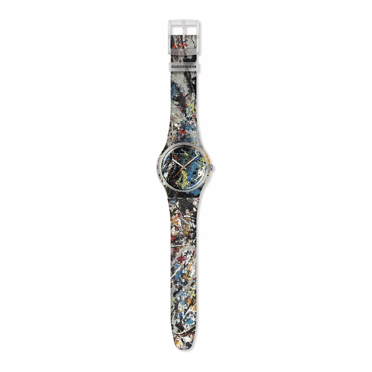 Swatch unisexur i plastik med abstrakte farvesplat og GUGGENHEIM-påskrift.