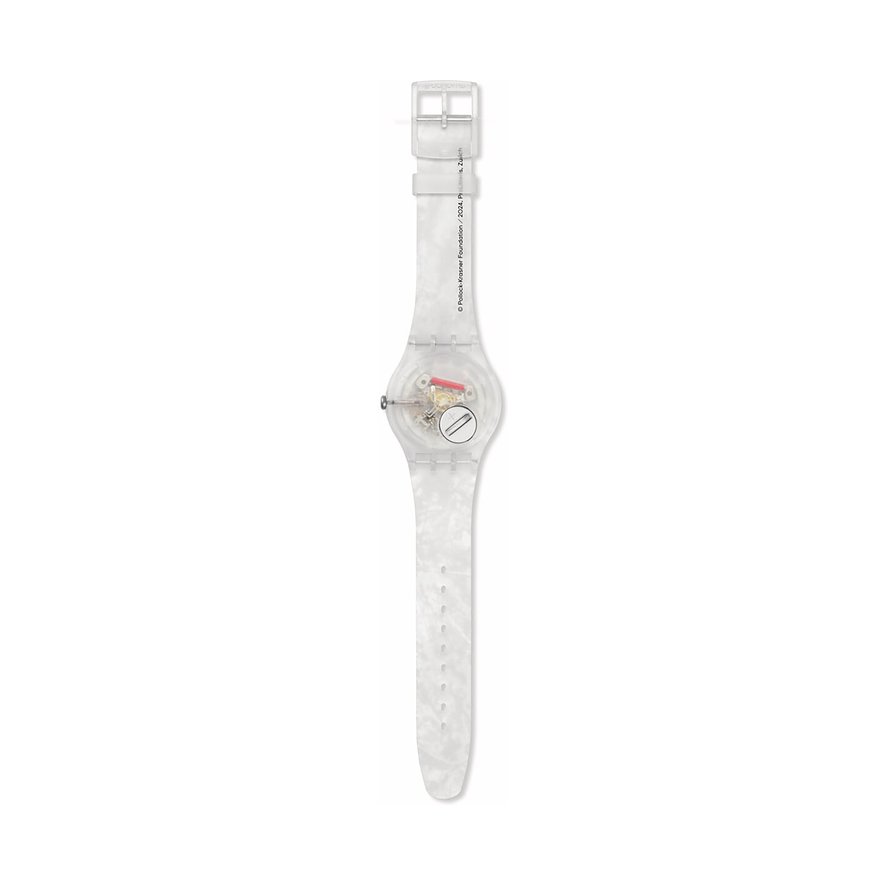Swatch unisexur i gennemsigtig plast med synligt urværk og hvidt, marmoreret armbånd.