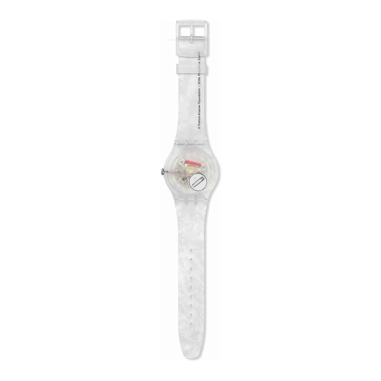 Swatch unisexur i gennemsigtig plast med synligt urværk og hvidt, marmoreret armbånd.