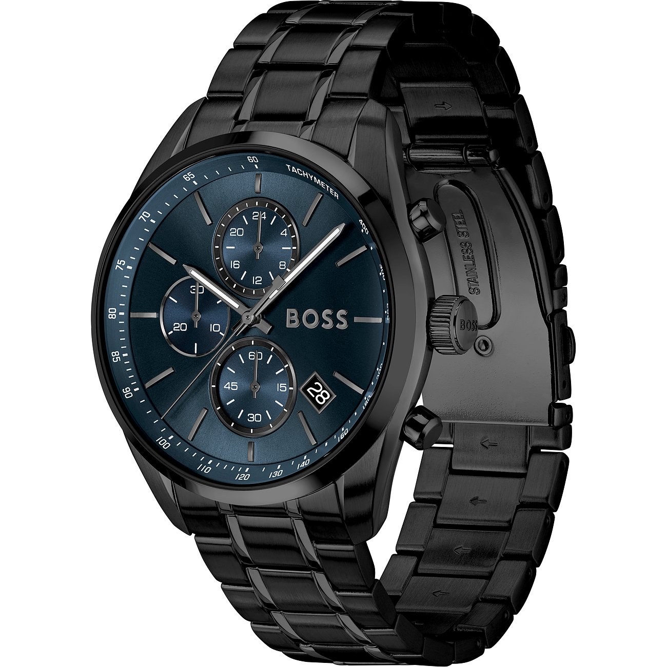 Eine schwarze Herrenuhr von Boss aus Edelstahl mit dunkelblauem Zifferblatt und Chronographenfunktionen.
