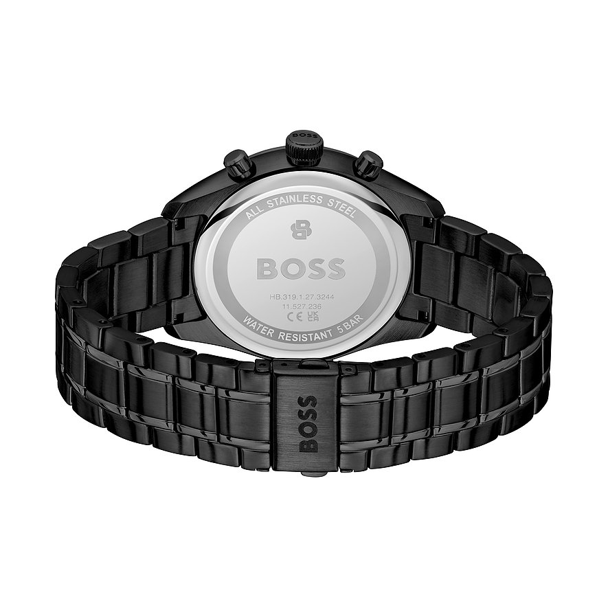 Rückseite einer Boss Herrenuhr aus schwarzem Edelstahl mit gravierter Boss-Schließe und Gehäuseboden mit Logo.