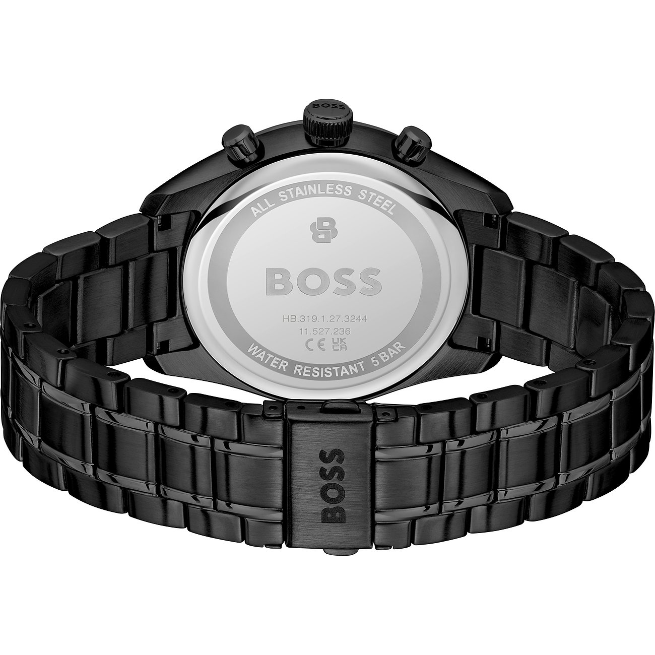 Rückseite einer Boss Herrenuhr aus schwarzem Edelstahl mit gravierter Boss-Schließe und Gehäuseboden mit Logo.