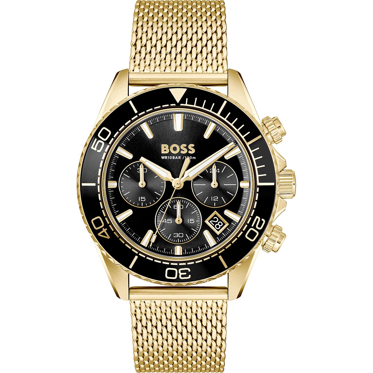 Eine Boss Herrenuhr aus goldfarbenem Edelstahl und Aluminium mit schwarzem Zifferblatt und Chronographenfunktion.