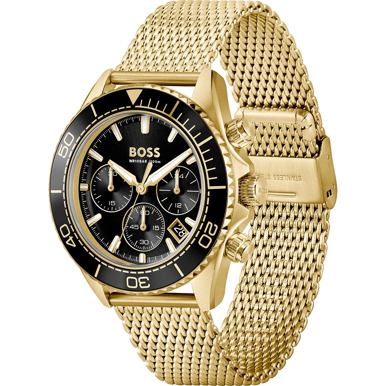 BOSS Herrenuhr aus goldfarbenem Edelstahl und Aluminium mit schwarzem Zifferblatt und Mesh-Armband, schräg von oben.