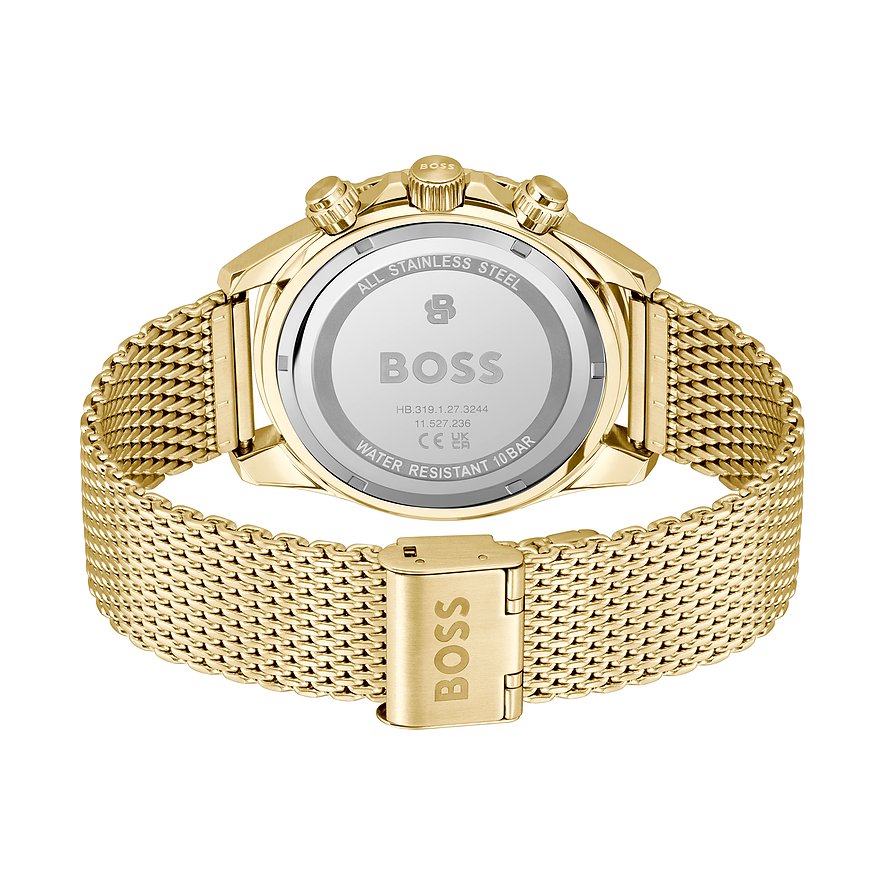 Rückseite einer Boss Herrenuhr aus goldfarbenem Edelstahl und Aluminium mit einem Netz-Armband.