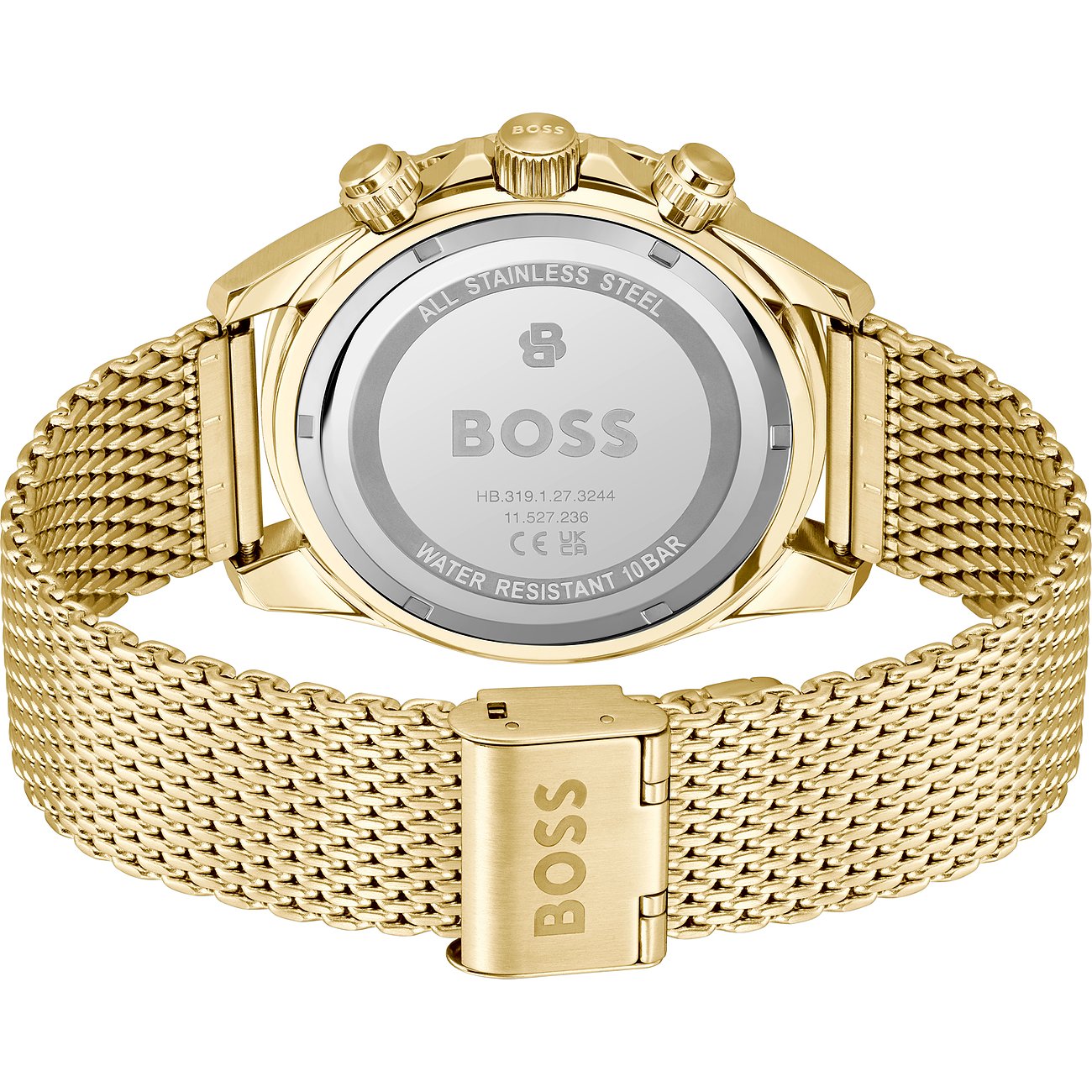 Rückseite einer Boss Herrenuhr aus goldfarbenem Edelstahl und Aluminium mit einem Netz-Armband.