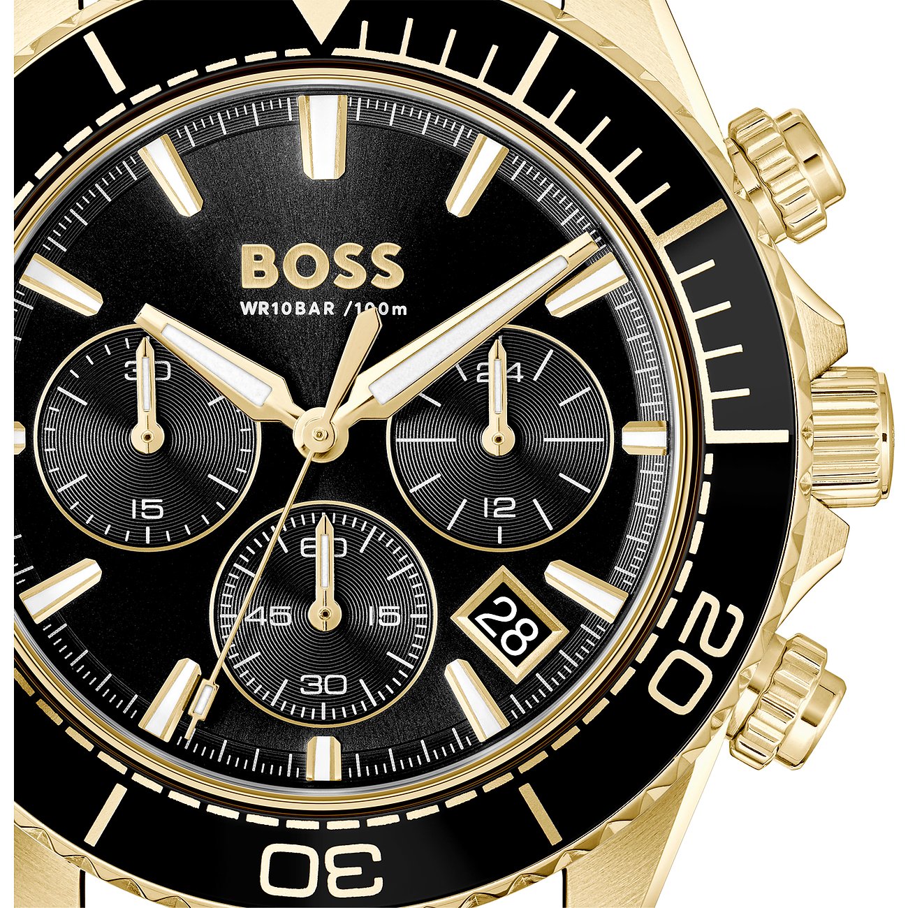 Nahaufnahme einer Boss Herrenuhr aus goldfarbenem Edelstahl mit schwarzem Zifferblatt und Chronographenfunktionen.