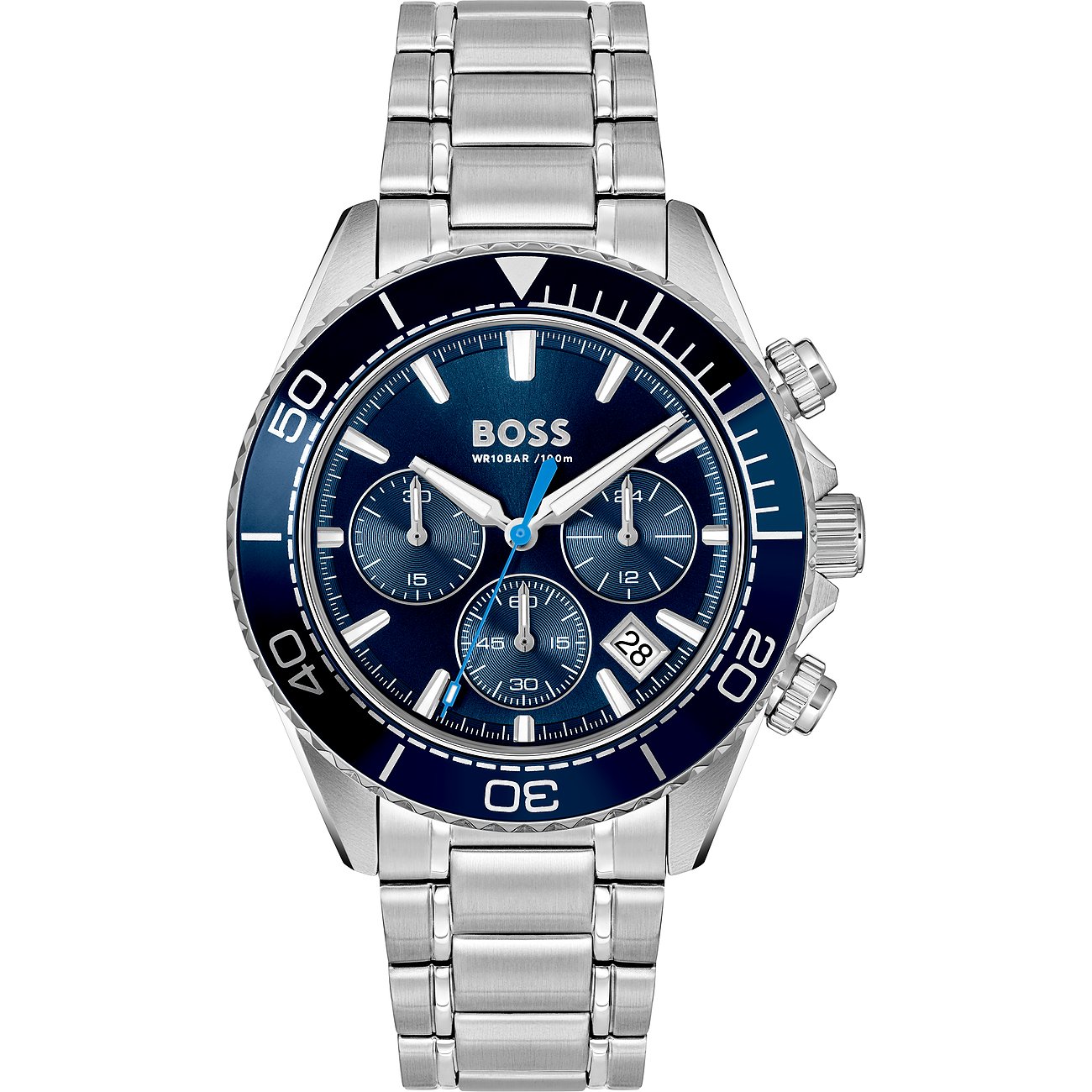 Eine Boss Herrenuhr aus Edelstahl und Aluminium mit blauem Zifferblatt und Chronographenfunktionen, frontal dargestellt.