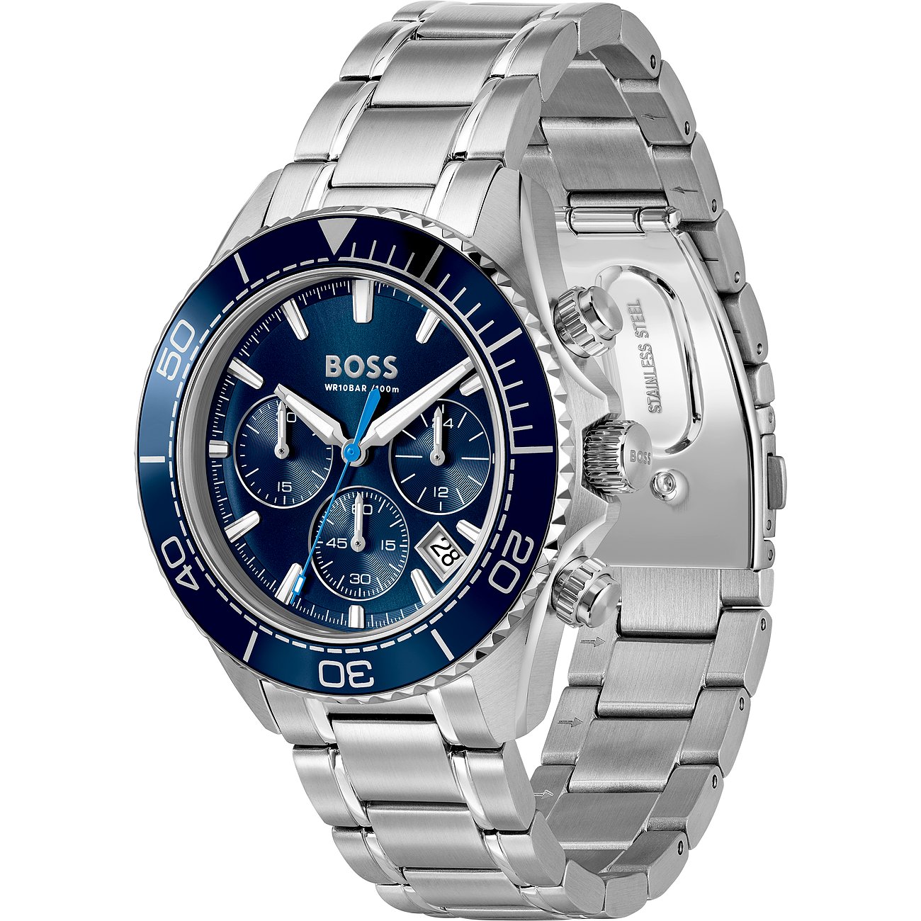 Nahaufnahme der Boss Herrenuhr aus blauem Aluminium und Edelstahl. Die Uhr hat ein mattblaues Zifferblatt.