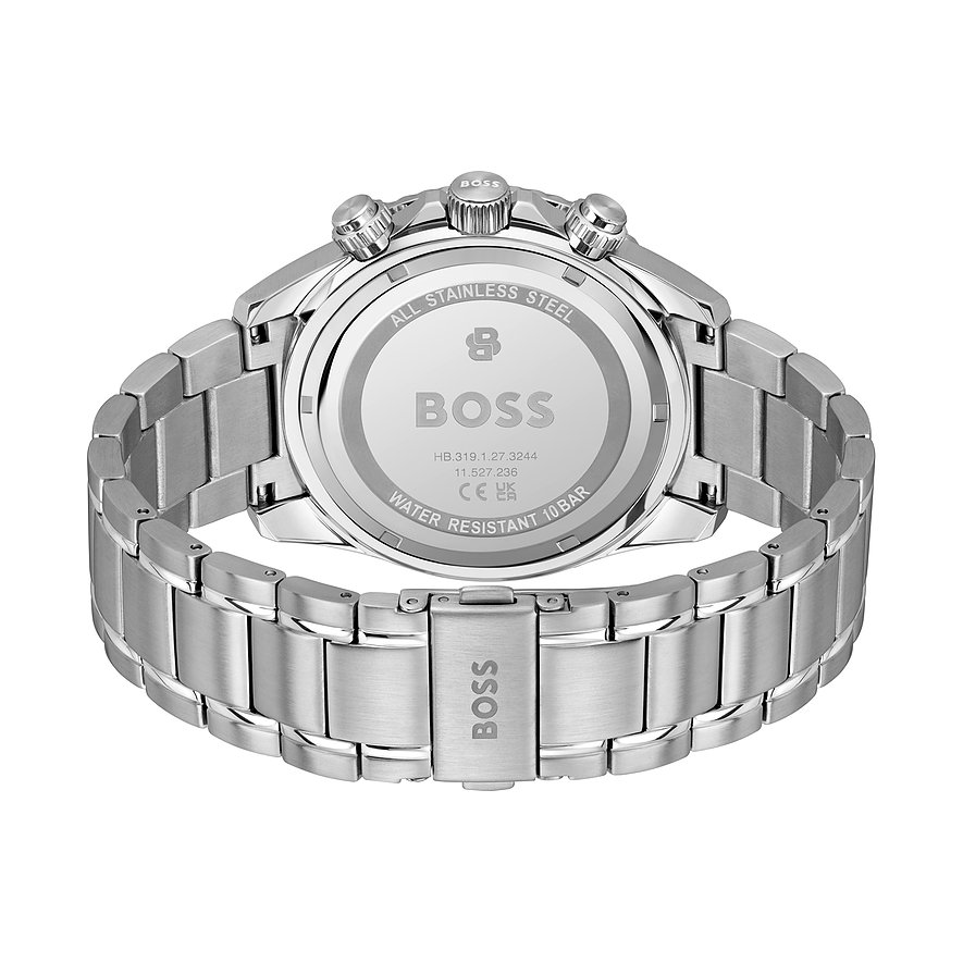 Rückansicht der Boss Herrenuhr aus silbernem Edelstahl mit Gravuren und Armband auf weißem Hintergrund.