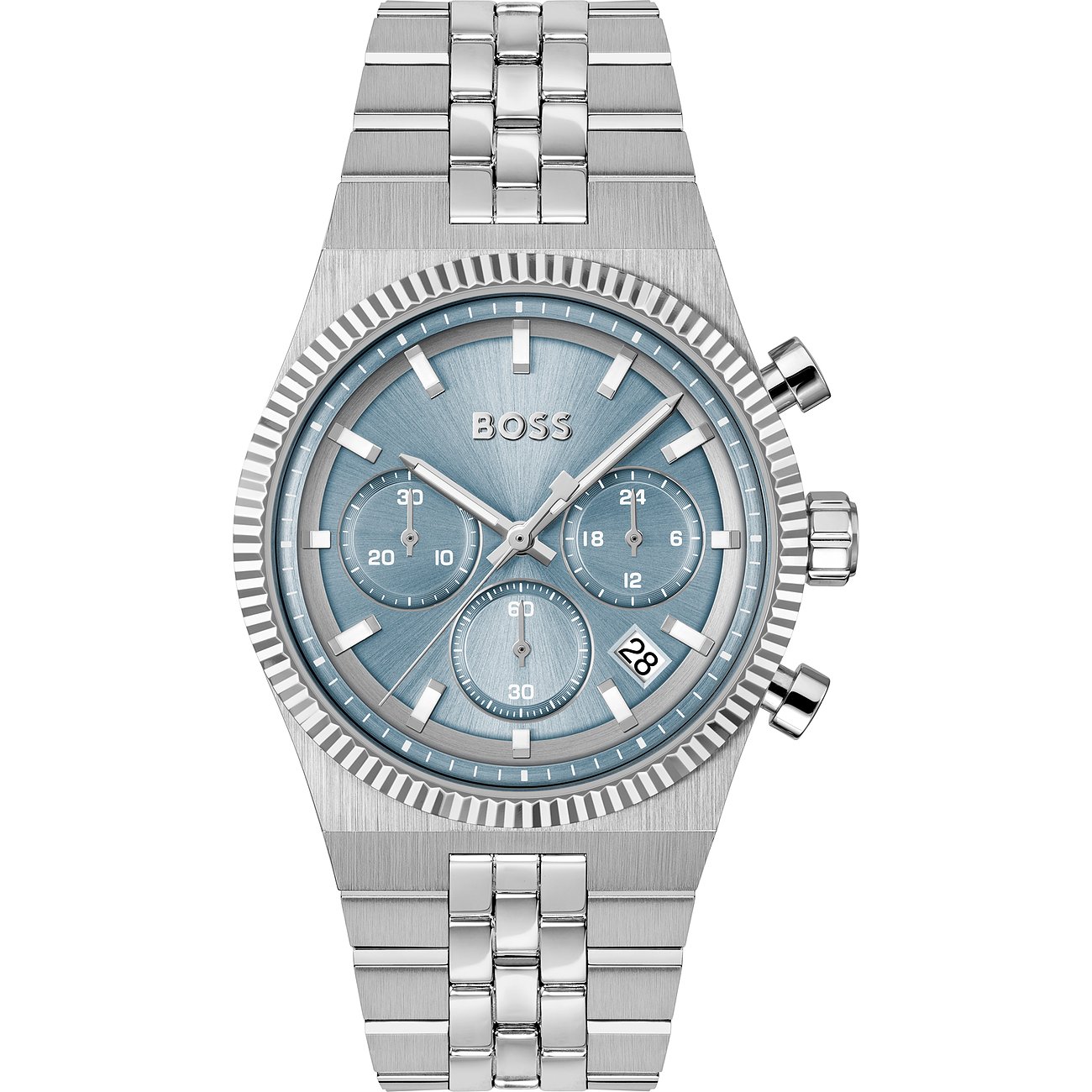 Een Boss herenhorloge van roestvrij staal met licht ijsblauw wijzerblad en chronograaffuncties, frontaal opgenomen.