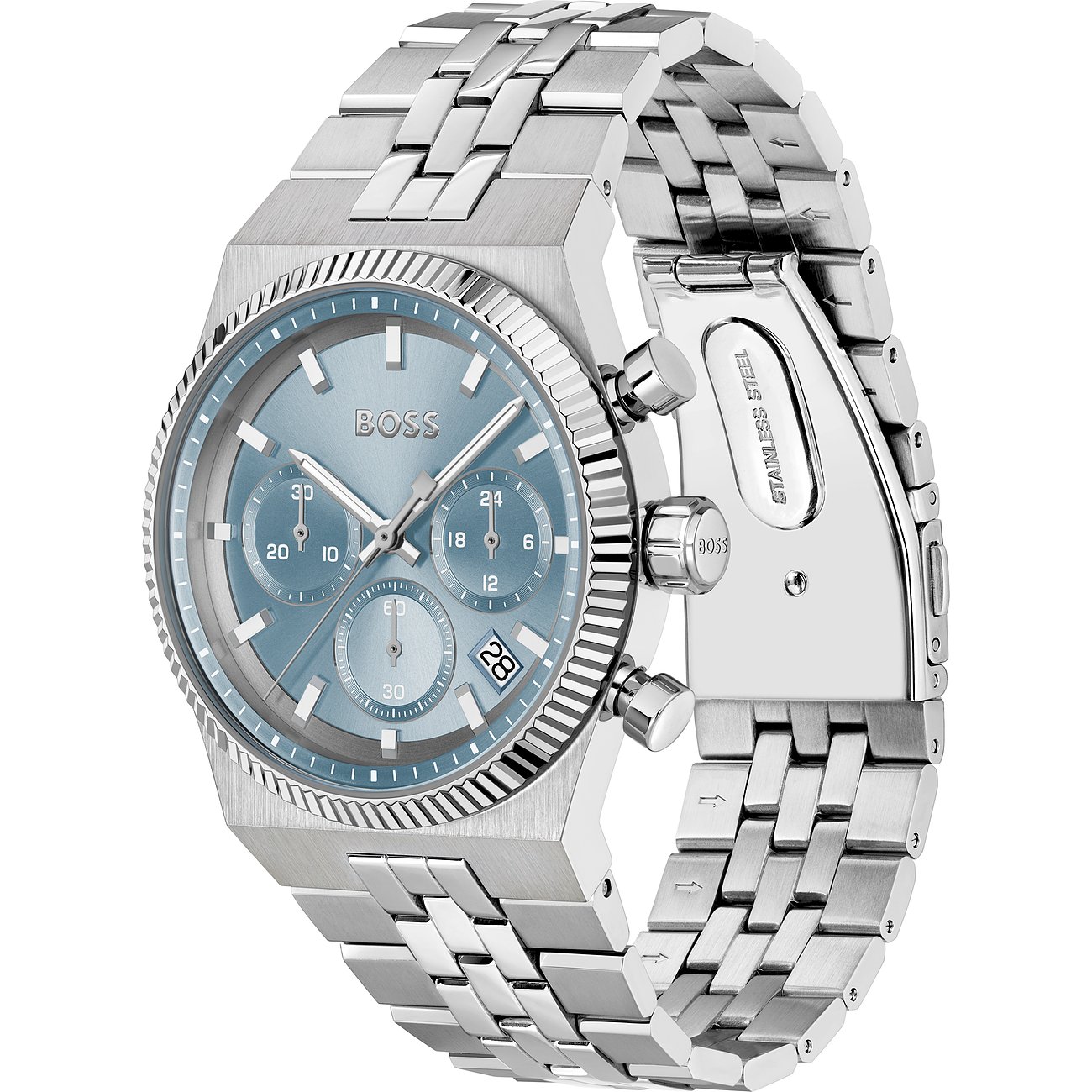 Boss herenhorloge edelstaal met licht ijsblauw wijzerplaat en chronograaf, schuin van voren getoond.