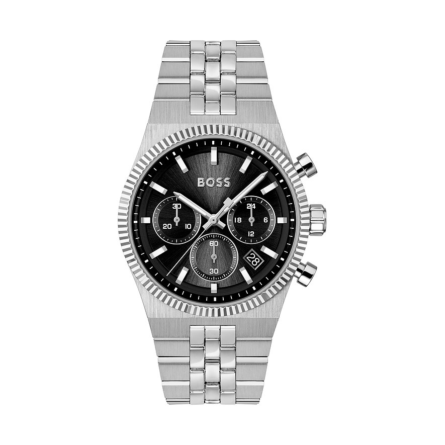Een Boss herenhorloge van roestvrij staal met een donkere wijzerplaat, drie chronograaftellers en datumaanduiding.
