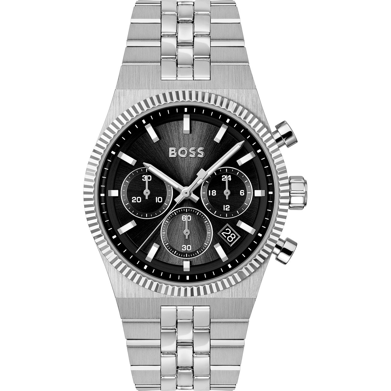 Een Boss herenhorloge van roestvrij staal met een donkere wijzerplaat, drie chronograaftellers en datumaanduiding.
