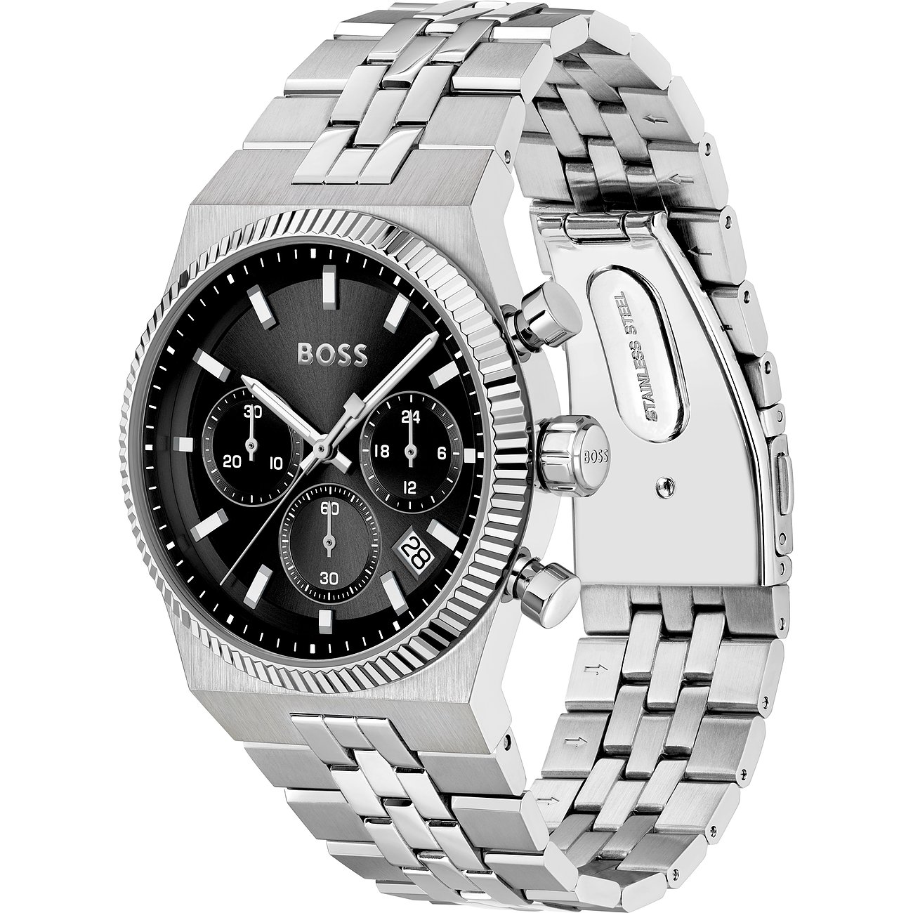 Het Boss herenhorloge van zilverkleurig roestvrij staal heeft een zwarte wijzerplaat en een korrelige lunette.