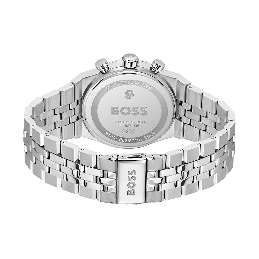 Achteraanzicht van een Boss herenhorloge van blauw roestvrij staal met sluiting en Boss-logo.