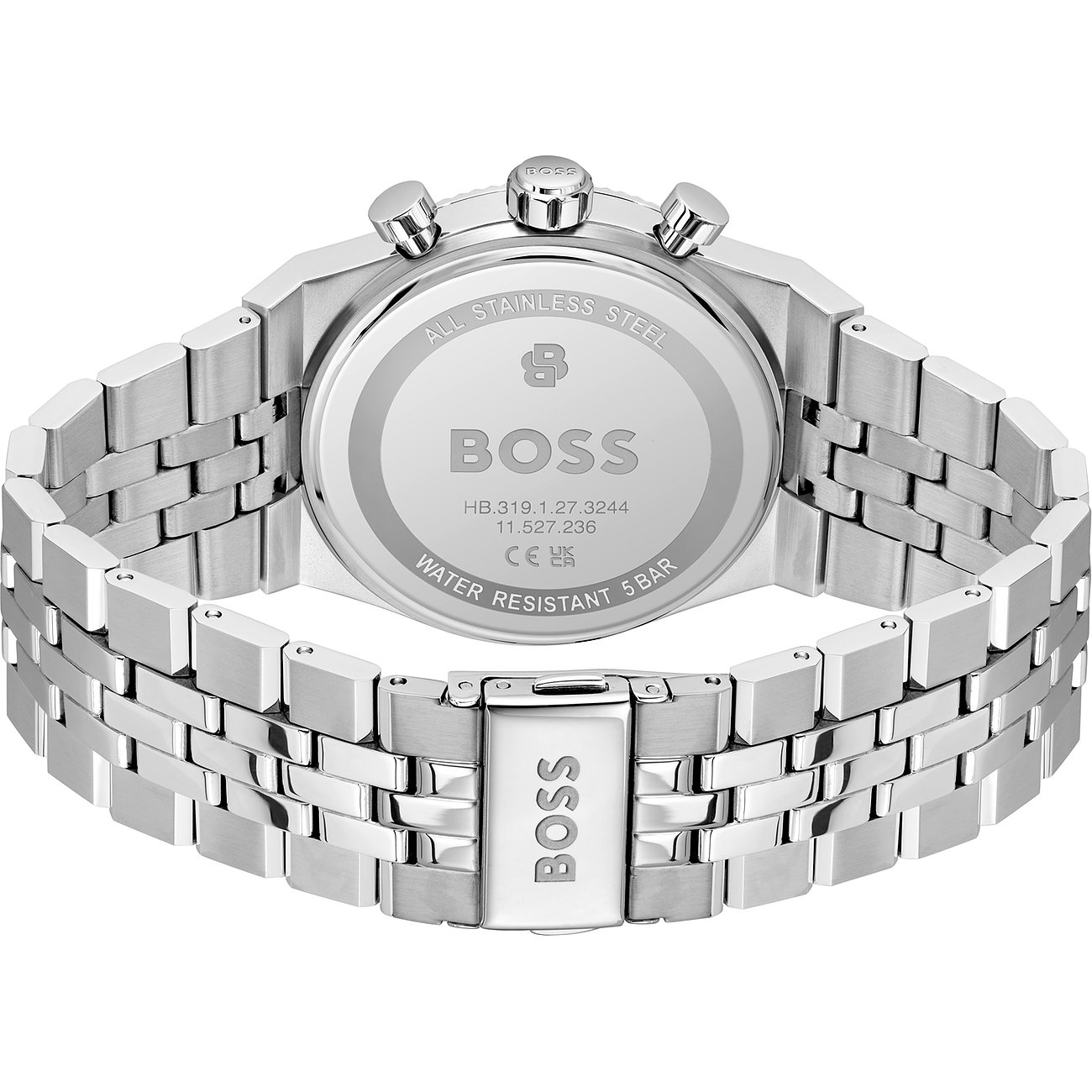Achteraanzicht van een Boss herenhorloge van blauw roestvrij staal met sluiting en Boss-logo.