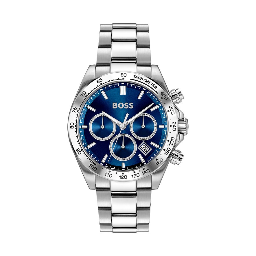 Die Boss Herrenuhr aus silberfarbenem Edelstahl hat ein blaues Zifferblatt mit drei Chronographen und einem Datumsfenster.