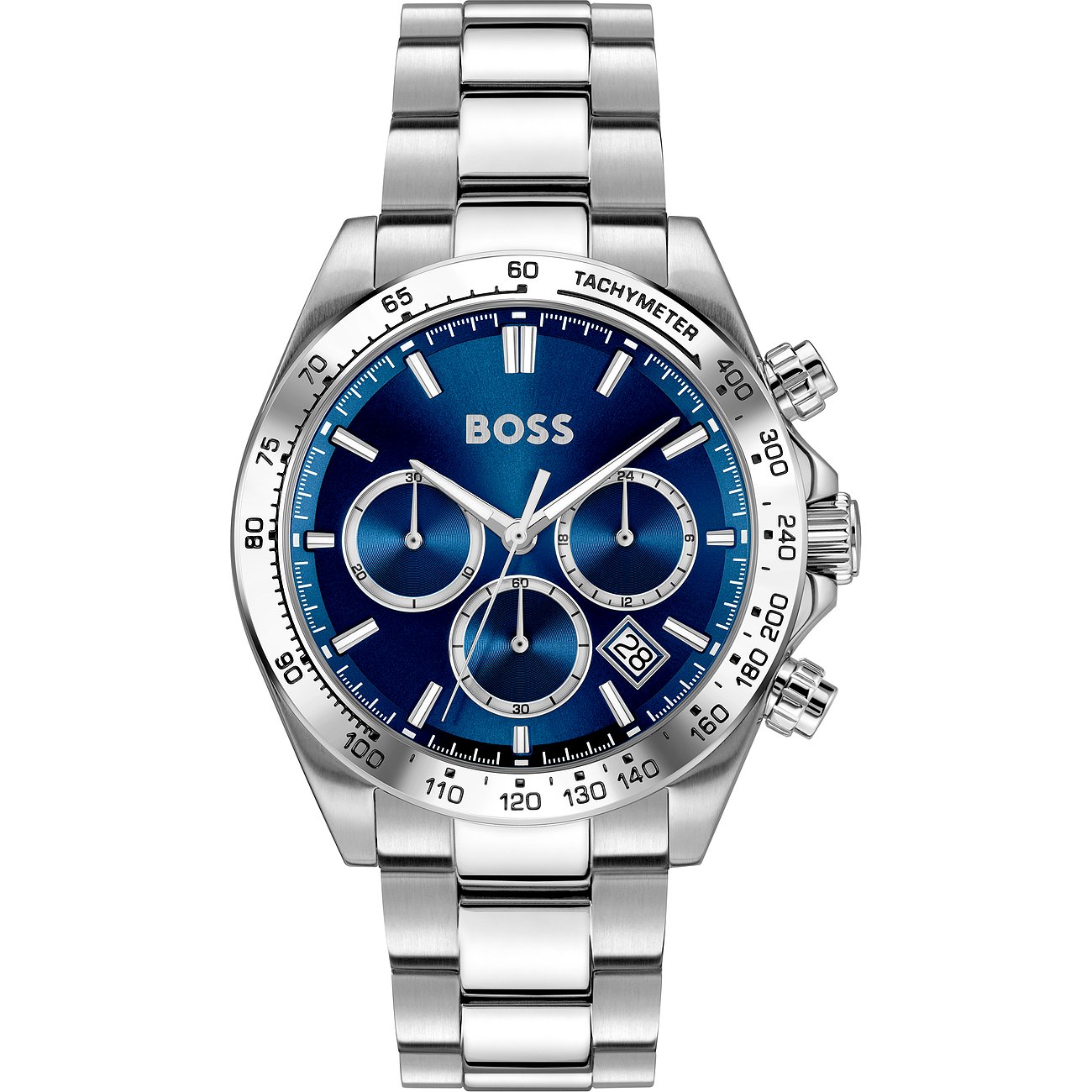 Die Boss Herrenuhr aus silberfarbenem Edelstahl hat ein blaues Zifferblatt mit drei Chronographen und einem Datumsfenster.