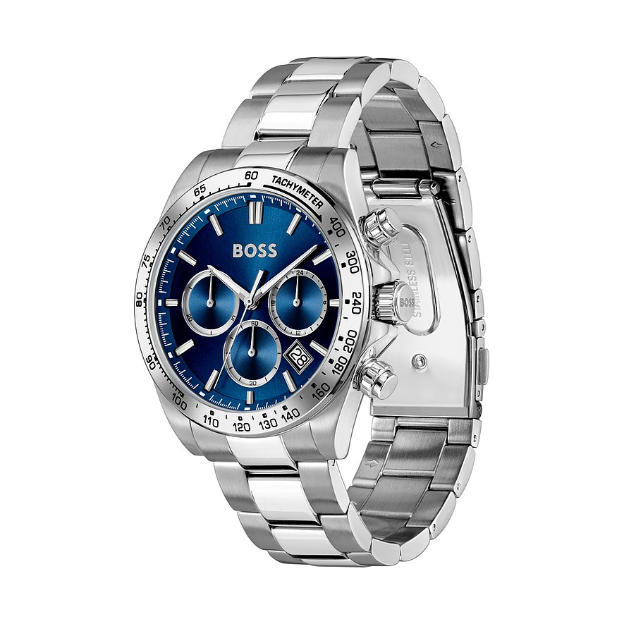 Detailansicht der Boss Herrenuhr aus blauem Zifferblatt und Edelstahl, frontal abgebildet.