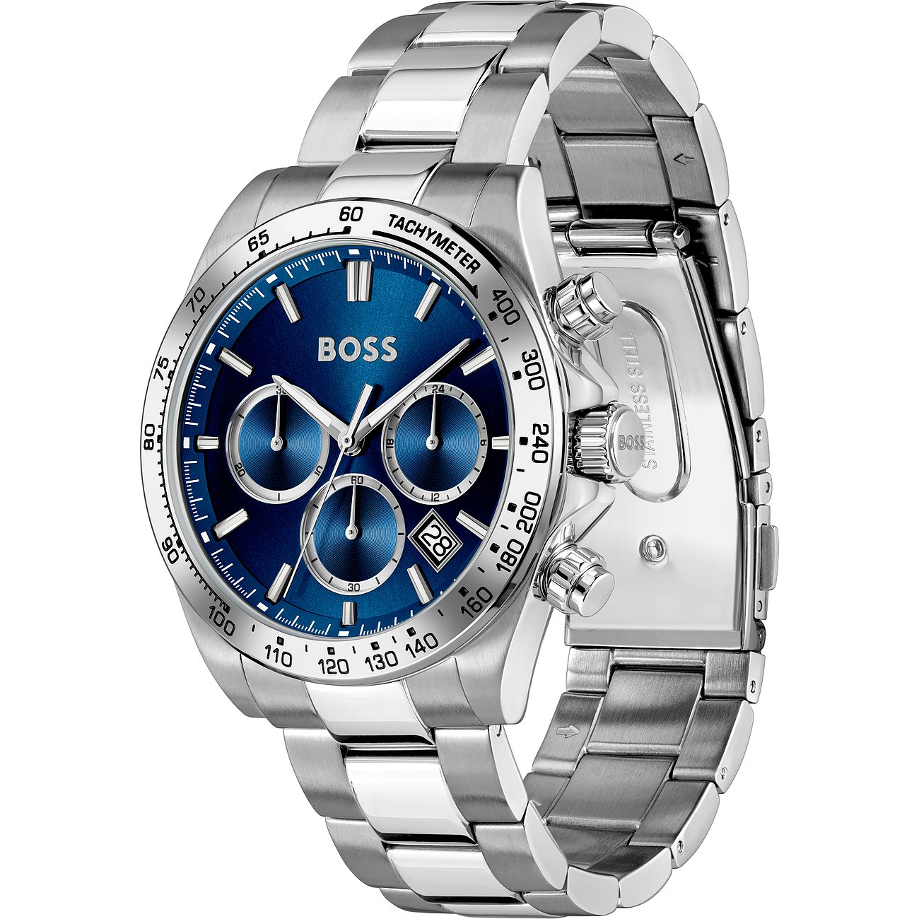 Detailansicht der Boss Herrenuhr aus blauem Zifferblatt und Edelstahl, frontal abgebildet.