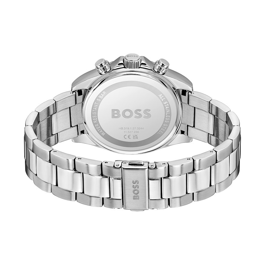 Die Rückansicht der Boss Herrenuhr aus Edelstahl, zeigt das Uhrwerk und das geschlossene Armband.