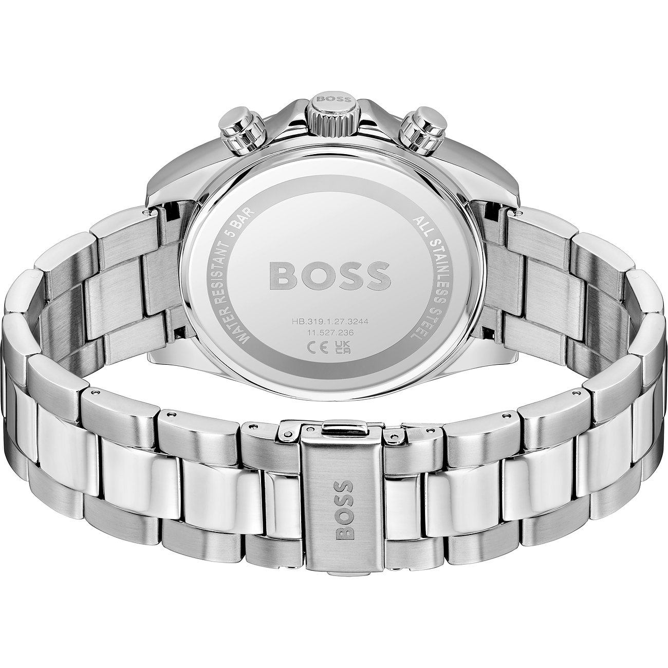 Die Rückansicht der Boss Herrenuhr aus Edelstahl, zeigt das Uhrwerk und das geschlossene Armband.