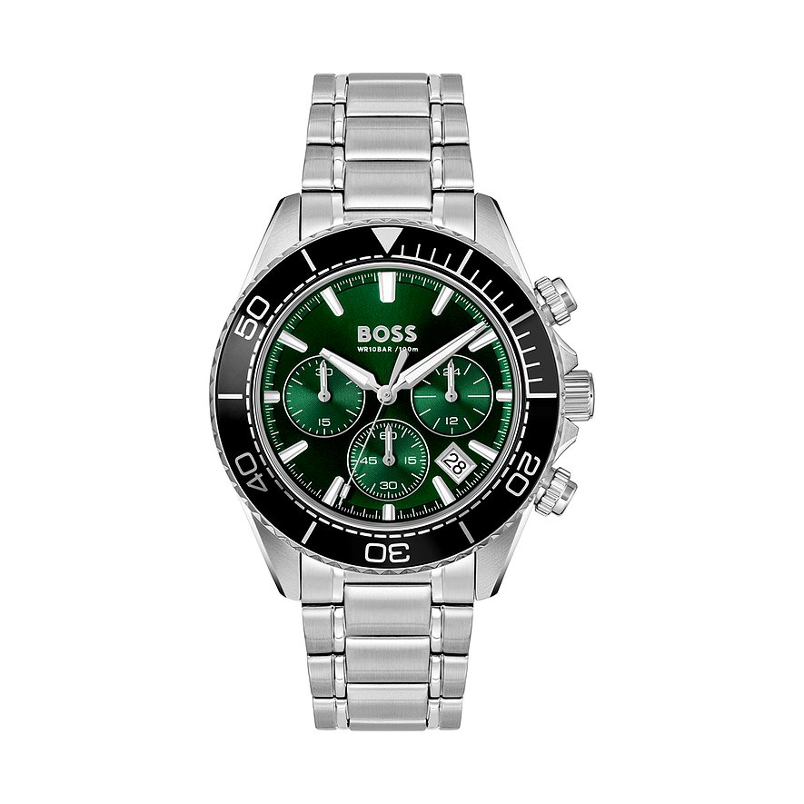 BOSS Herrenuhr: Edelstahl, Aluminium, mattgrünes Zifferblatt, drei Totalisatoren, Datum, silbernes Gliederarmband.
