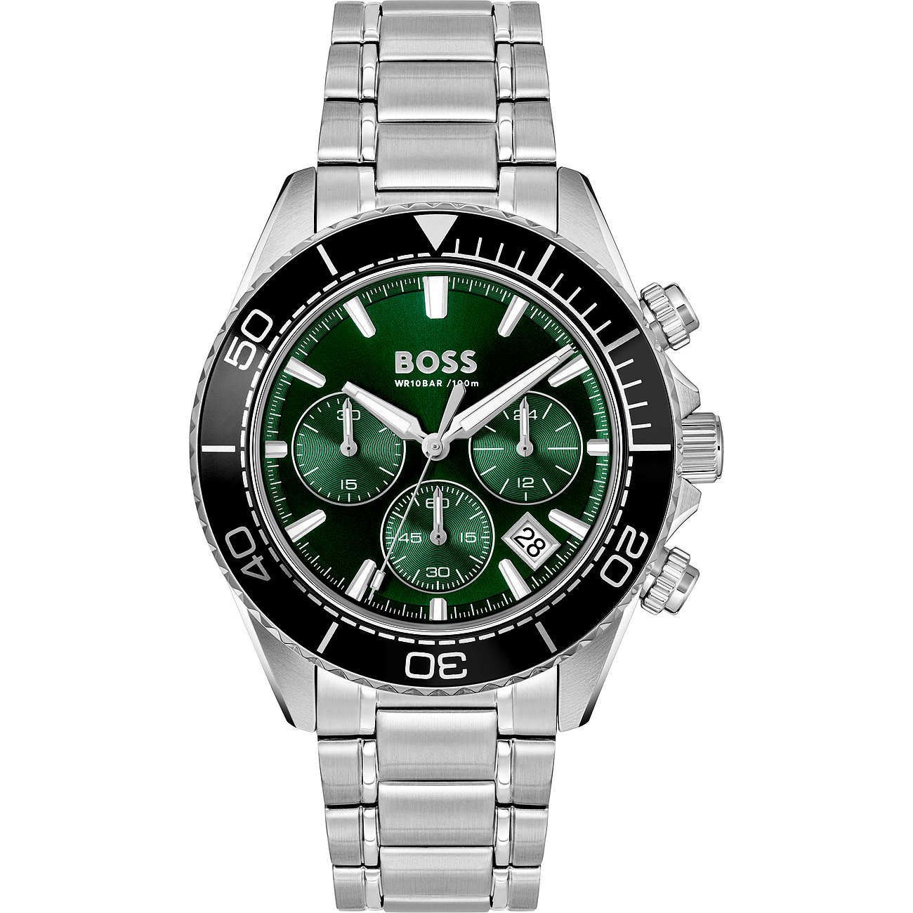 BOSS Herrenuhr: Edelstahl, Aluminium, mattgrünes Zifferblatt, drei Totalisatoren, Datum, silbernes Gliederarmband.