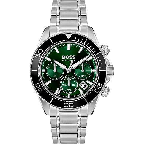 BOSS Herrenuhr: Edelstahl, Aluminium, mattgrünes Zifferblatt, drei Totalisatoren, Datum, silbernes Gliederarmband.