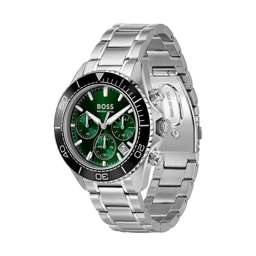 Boss Herrenuhr aus Edelstahl und Aluminium, mit grünem Zifferblatt und schwarzer Lünette.