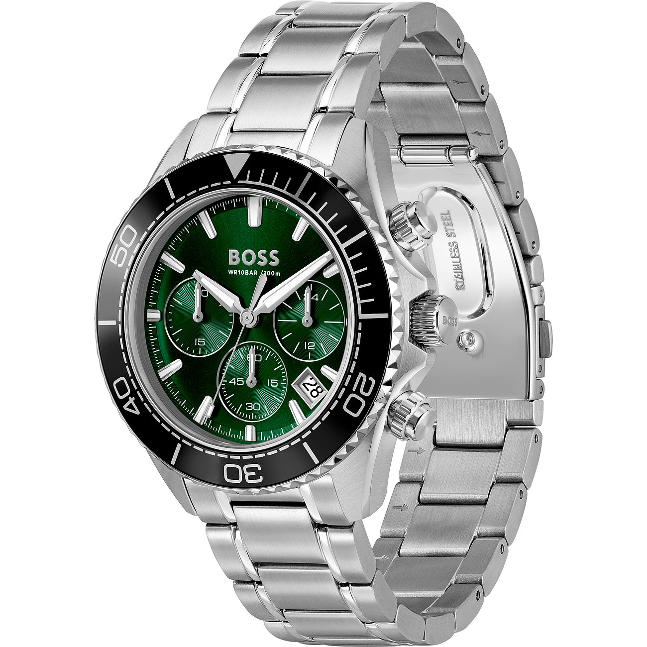 Boss Herrenuhr aus Edelstahl und Aluminium, mit grünem Zifferblatt und schwarzer Lünette.