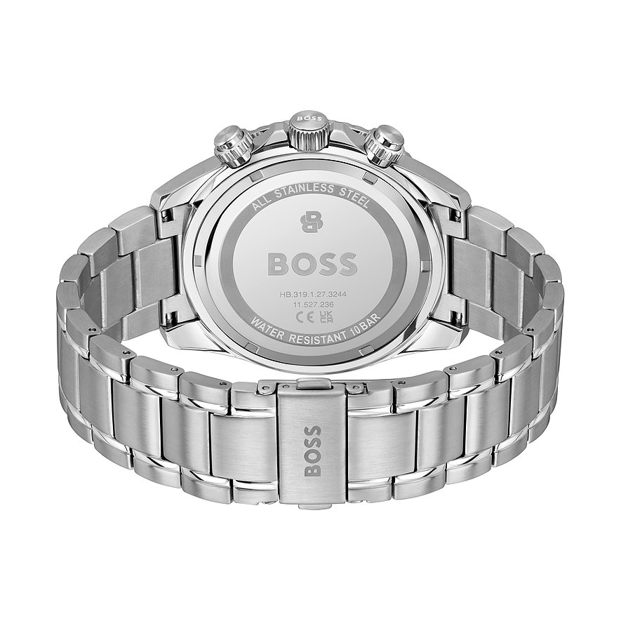 Rückansicht einer Boss Herrenuhr aus silberfarbenem Edelstahl mit eingraviertem Boss-Logo auf dem Gehäuseboden.