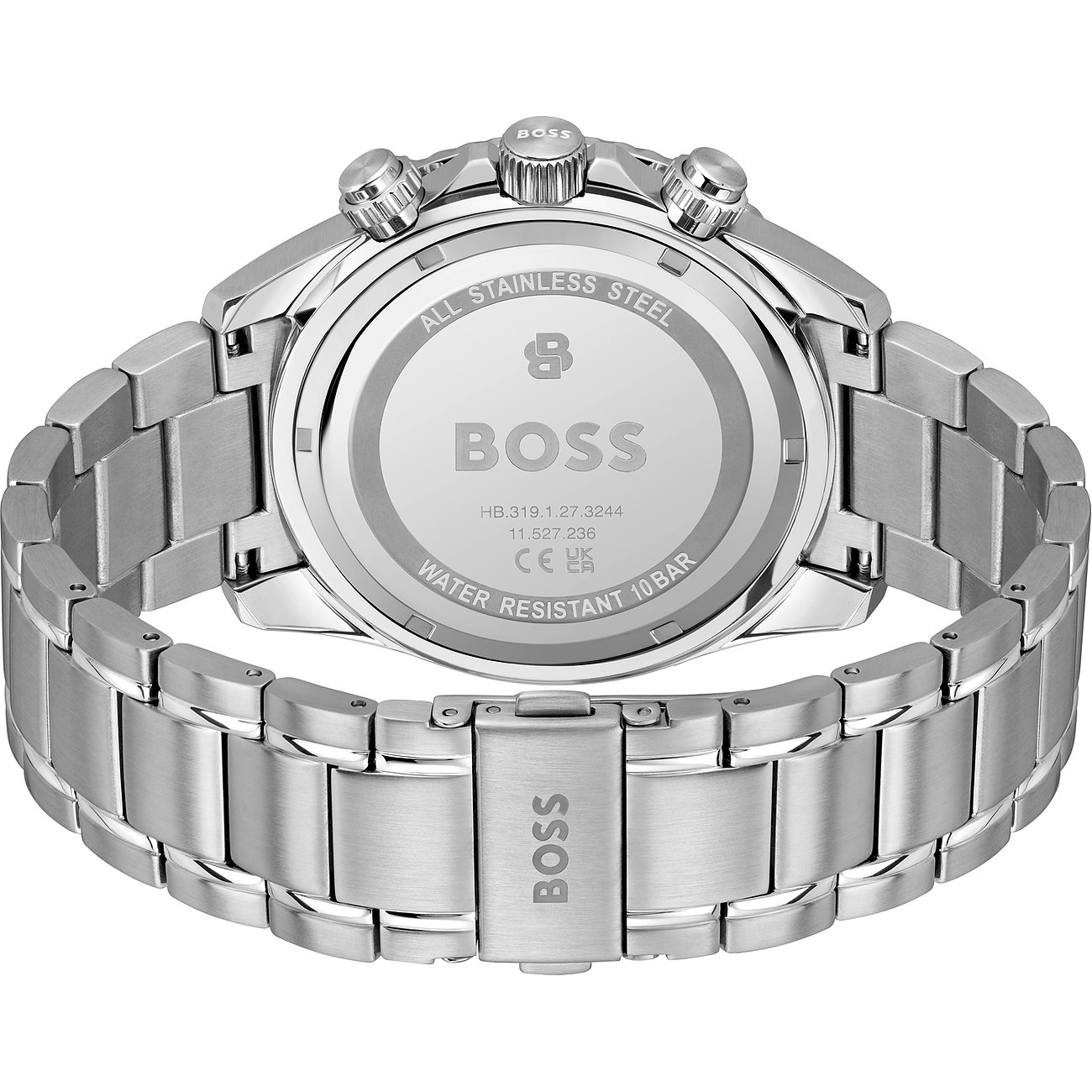 Rückansicht einer Boss Herrenuhr aus silberfarbenem Edelstahl mit eingraviertem Boss-Logo auf dem Gehäuseboden.