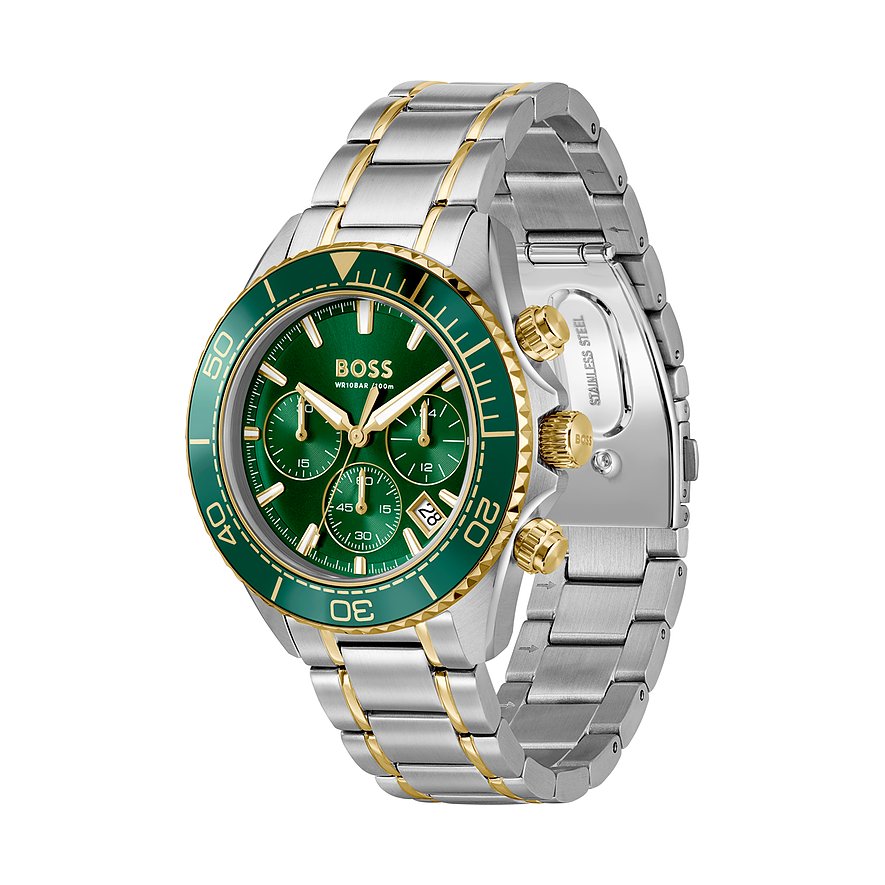 Boss Herrenuhr aus Edelstahl und Aluminium mit grünem Zifferblatt und goldfarbenen Akzenten und Armband.
