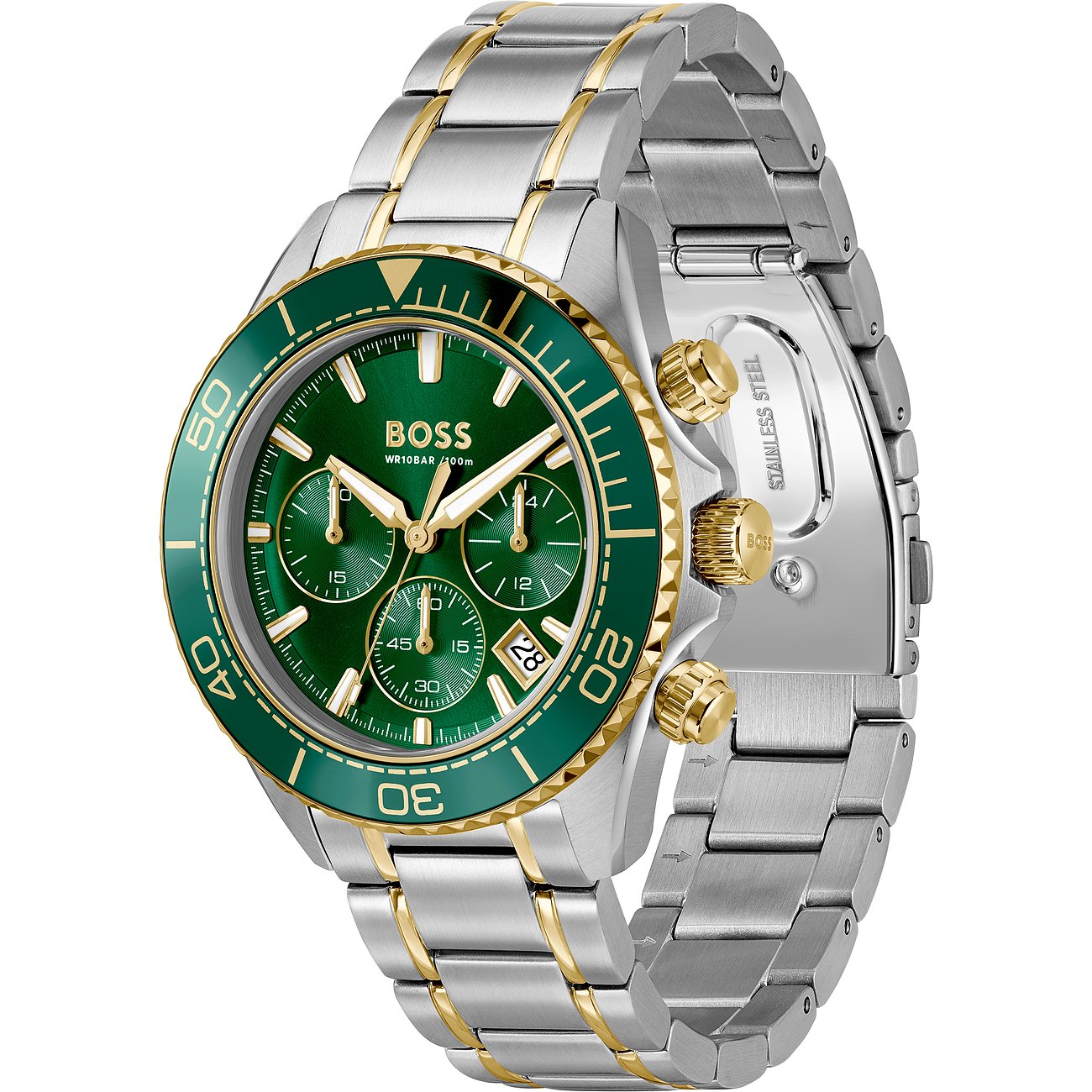 Boss Herrenuhr aus Edelstahl und Aluminium mit grünem Zifferblatt und goldfarbenen Akzenten und Armband.