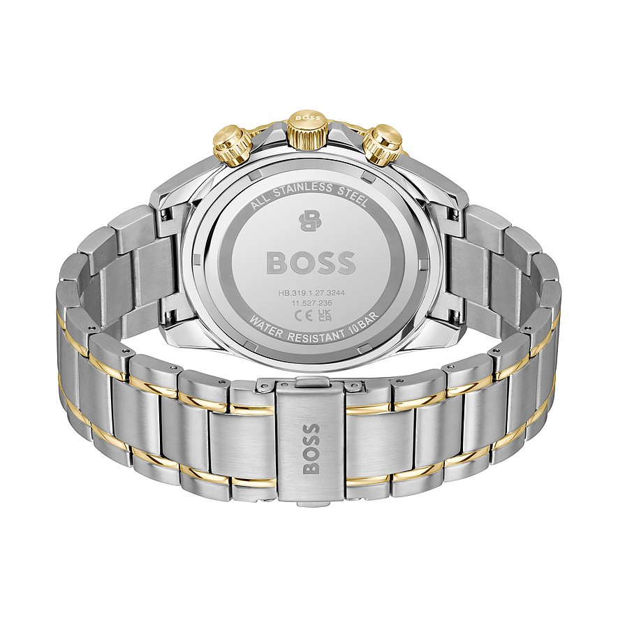 Rückseite einer Boss Herrenuhr aus silberfarbenem Edelstahl und goldenem Aluminiumband mit Gravuren wie 